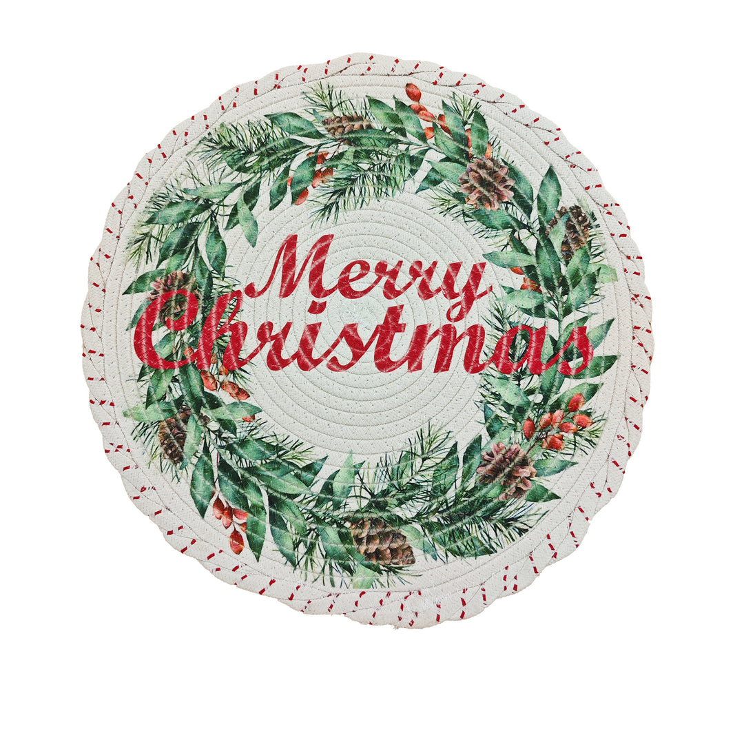 Round Christmas tree skirt made of woven cotton blend fabric with reindeer and pine branch motif