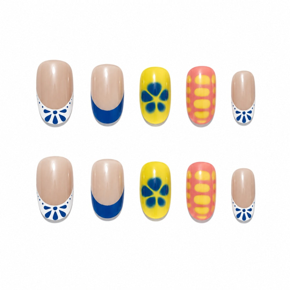 Artistic Press-On Nail Set with Floral and Geometric Designs Kalsten