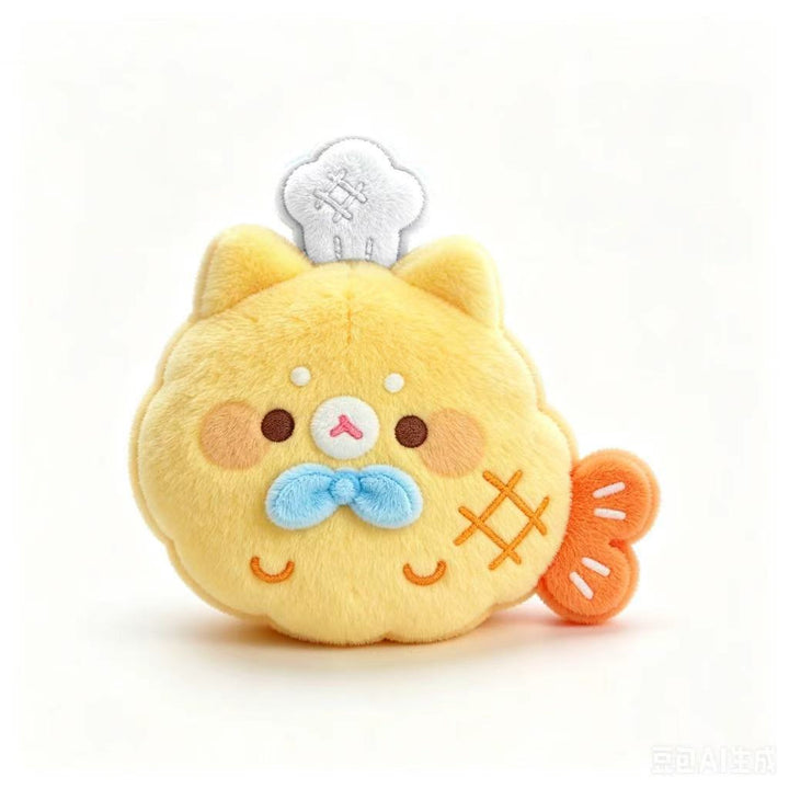Cute plush cuddle pillow in cat shape with fish tail and bow appliqué