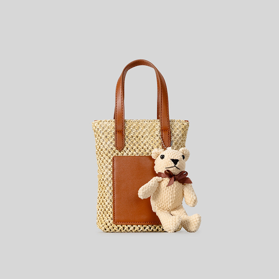 Playful Woven Tote Bag with Teddy Bear Detail