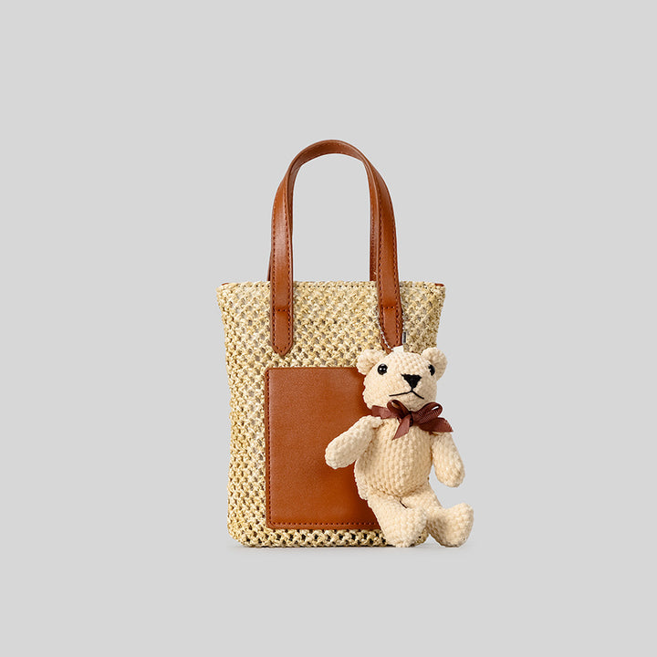 Playful Woven Tote Bag with Teddy Bear Detail