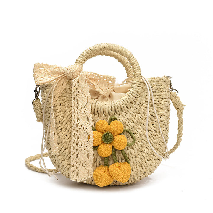 Handcrafted Floral Accent Straw Tote Bag