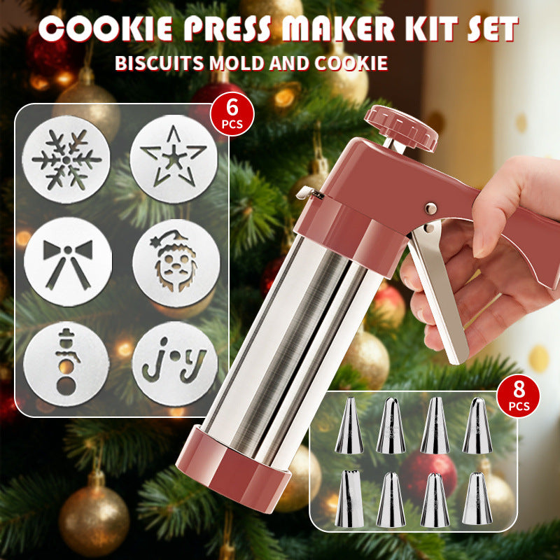 Cookie Press and Decorating Gun with Eight Stainless Nozzles and Six Embossed Discs