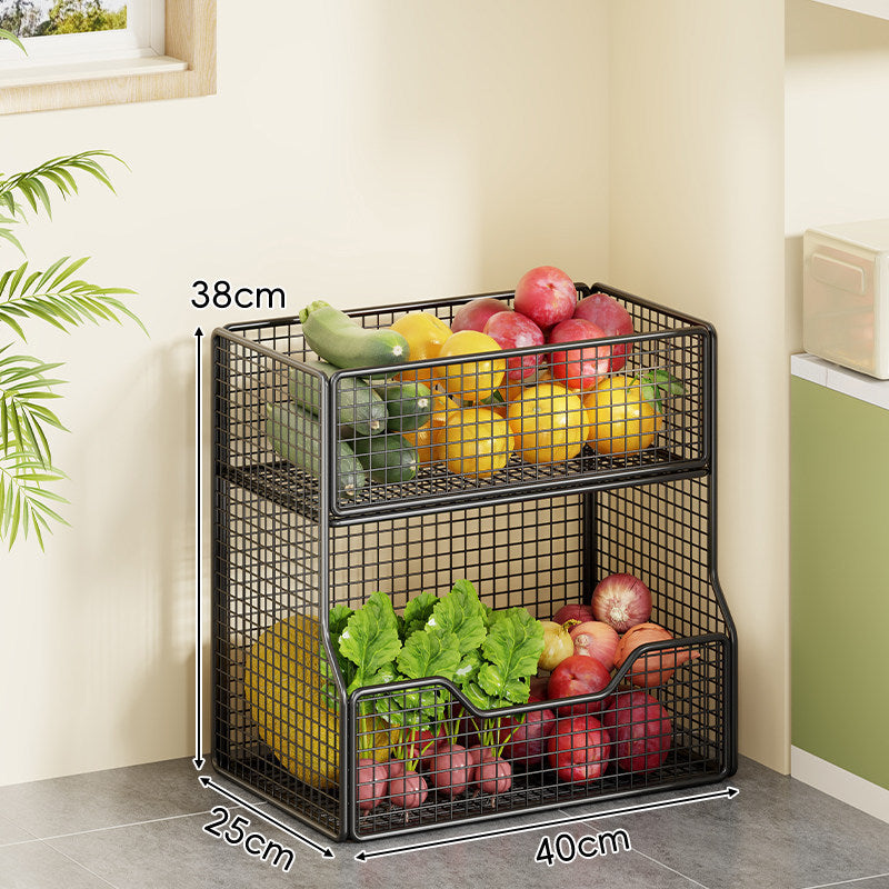 Double-Tier Metal Mesh Produce and Pantry Storage Rack with Sliding Front Baskets