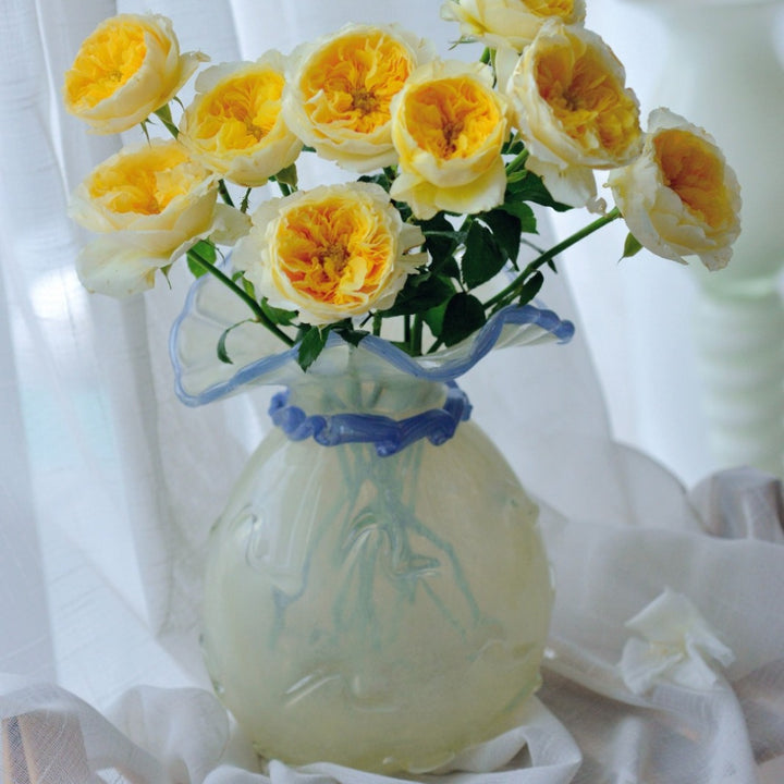 Handblown Opalescent Ruffled-Rim Sculptural Art Glass Vase with Twisted Collar Accent Kalsten