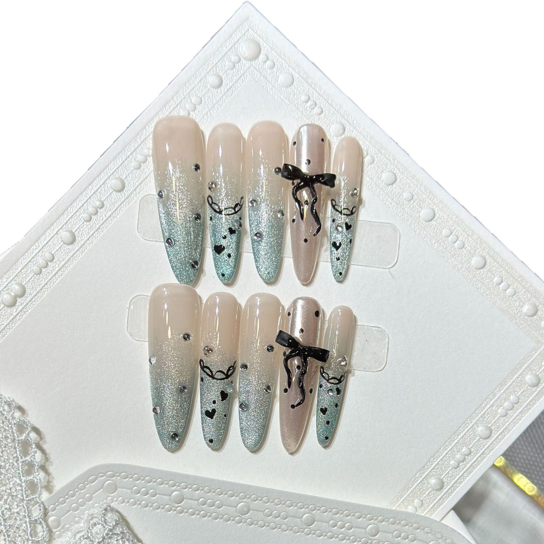 Elegant Stiletto Press-On Nail Set with Rhinestone and Bow Accents Kalsten