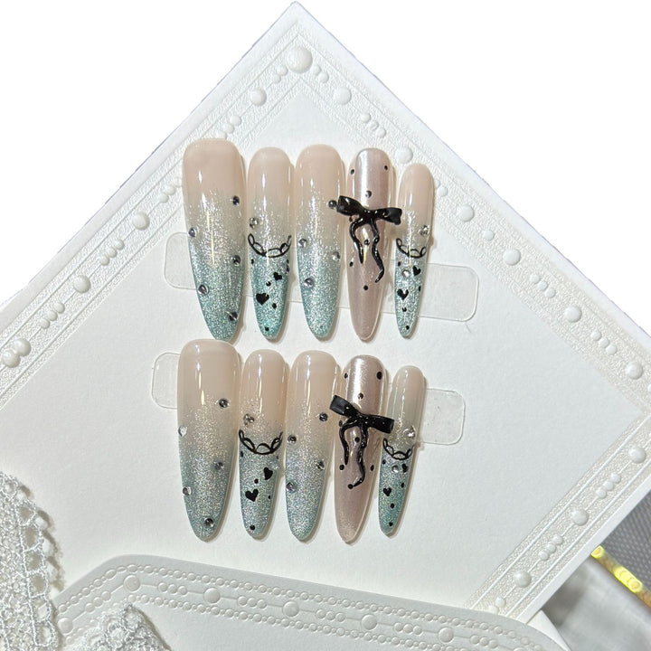 Elegant Stiletto Press-On Nail Set with Rhinestone and Bow Accents Kalsten