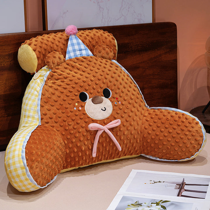 Padded plush bed backrest with armrests and childish cloud design