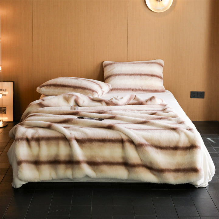 Fluffy faux fur bedding set with horizontal stripe relief