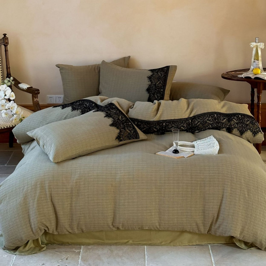 Bedding set in linen look with fine grid structure and decorative lace edge