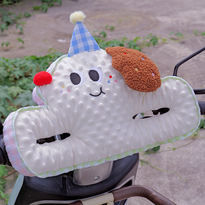 Soft plush handlebar pads for kids' scooters and strollers with safety belt slots