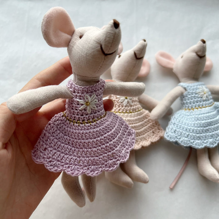 Handcrafted Linen Plush Mouse Doll with Crocheted Dress and Embroidered Details