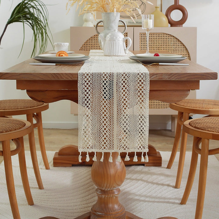 Handwoven Cotton Crochet Table Runner with Diamond Lace Pattern and Tassel Point