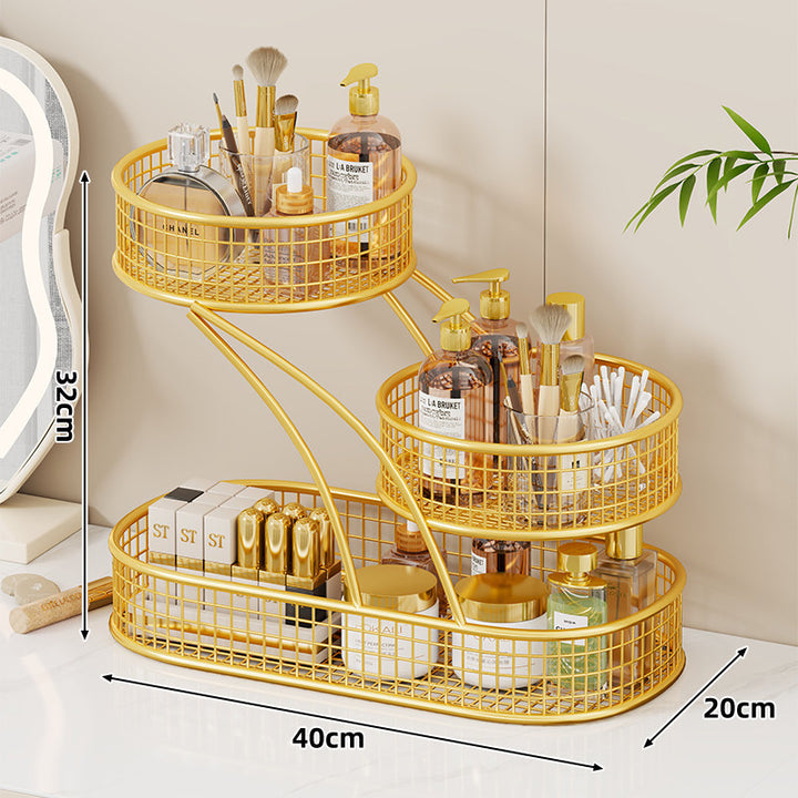Triple-Tier Mesh Vanity and Countertop Organizer with Integrated Tissue Slot and Metal Grid Baskets
