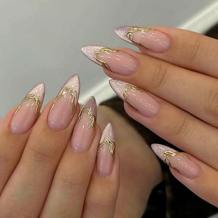 Elegant Stiletto Press-On Nail Set with 3D Gold Accents
