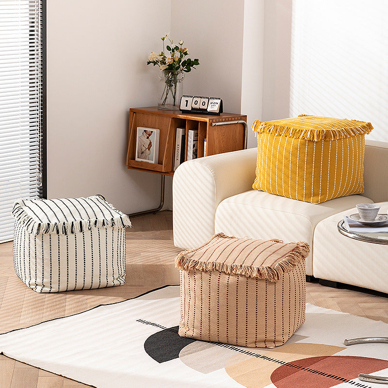 Boho seat pouf made of cotton fabric with fringes Kalsten