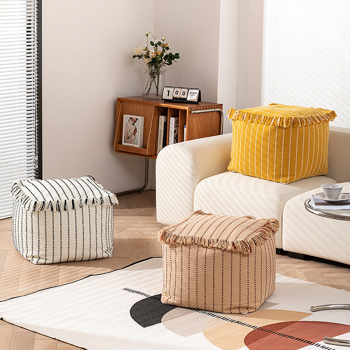 Boho seat pouf made of cotton fabric with fringes Kalsten