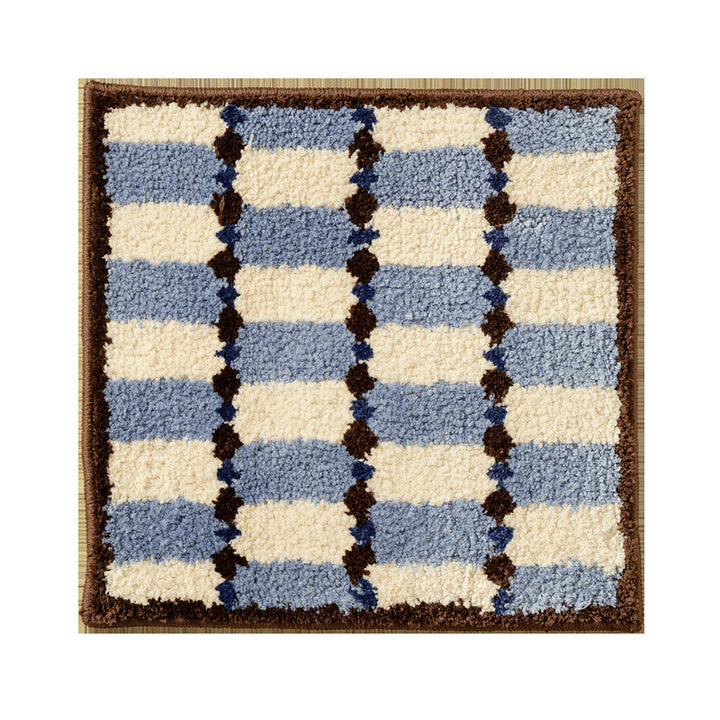 Square high-pile bath mat with textured block stripe look and contrasting edging