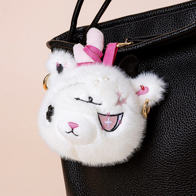 Faux-Fur Bunny Charm Key Fob with Embroidered Patchwork Face and Gold Metal Ring Kalsten