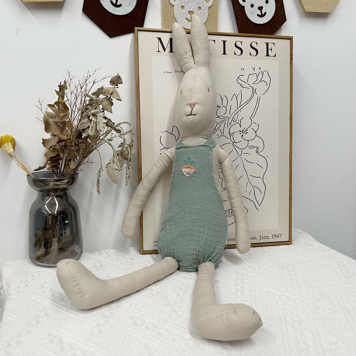 Handmade Linen Long-Leg Bunny Soft Toy with Embroidered Overalls