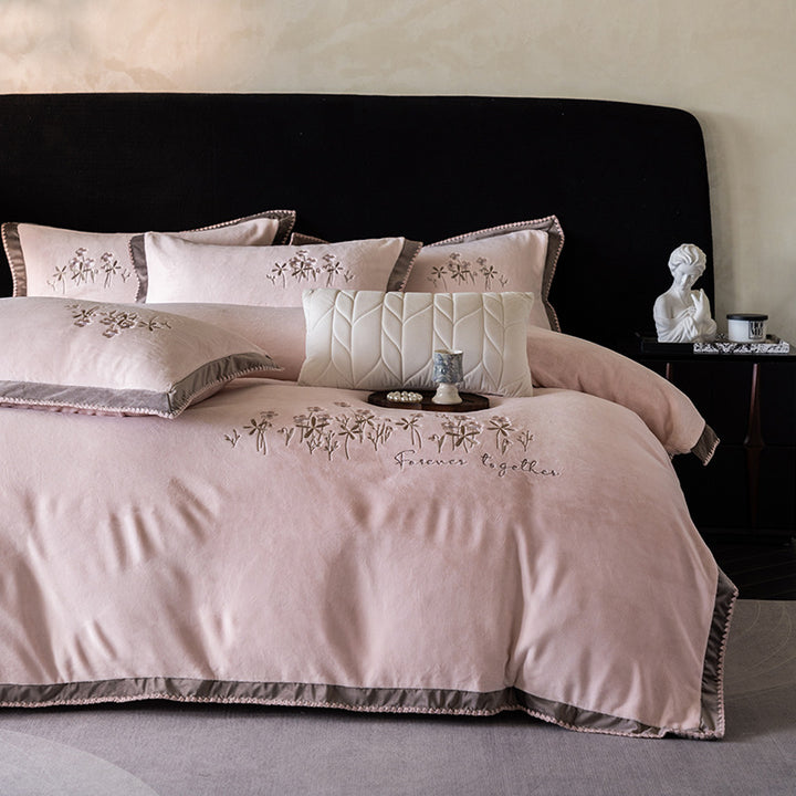 Premium cotton satin bed linen set with floral relief embroidery and satin trim