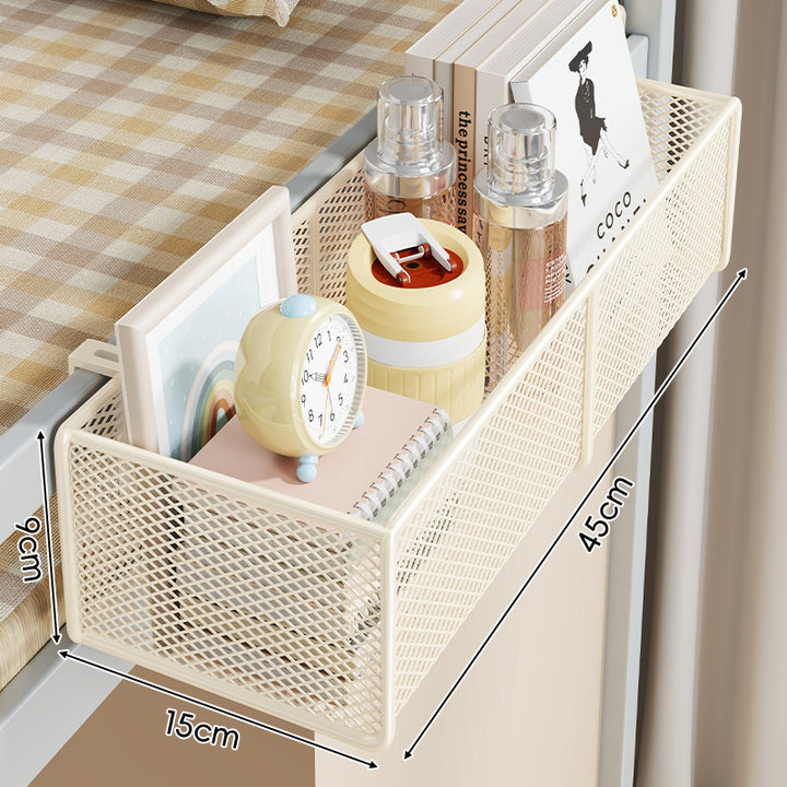 Clamp-On Bed Frame Hanging Mesh Organizer Basket with Rail Mount and Multipurpose Storage