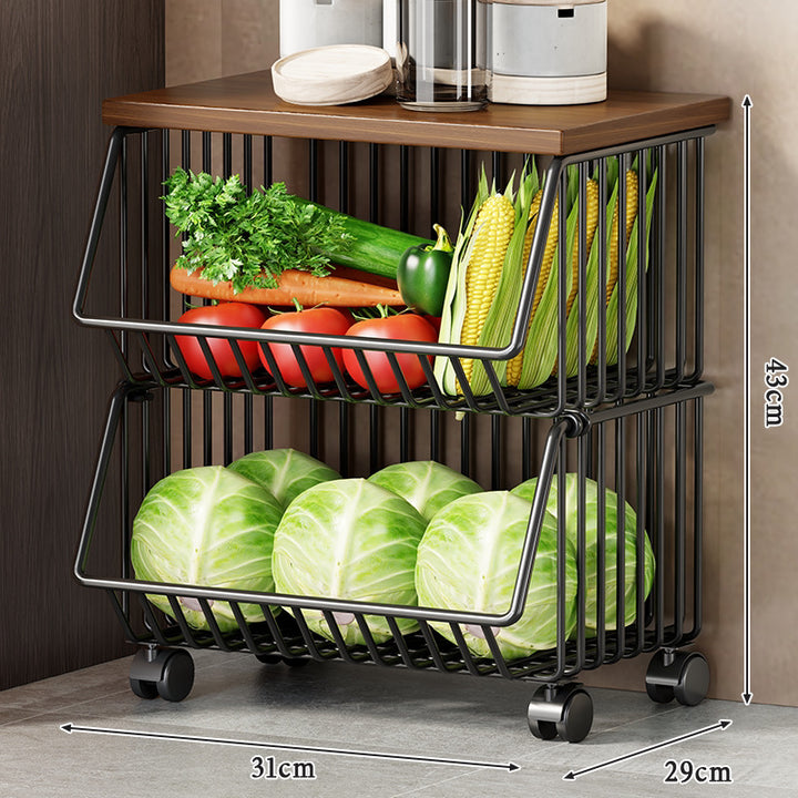 Multi-Tier Rolling Kitchen Fruit and Vegetable Storage Cart with Wood Top