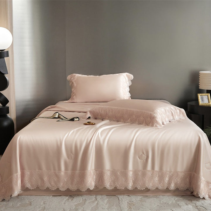 Luxurious satin bed linen set with French lace trim