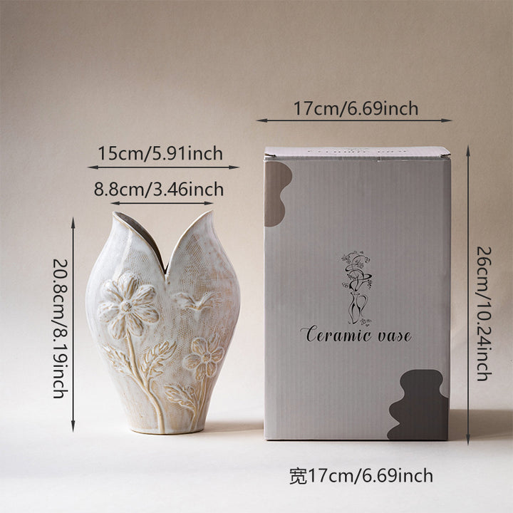 Handmade Textured Earthenware Flower Relief Bud Vase