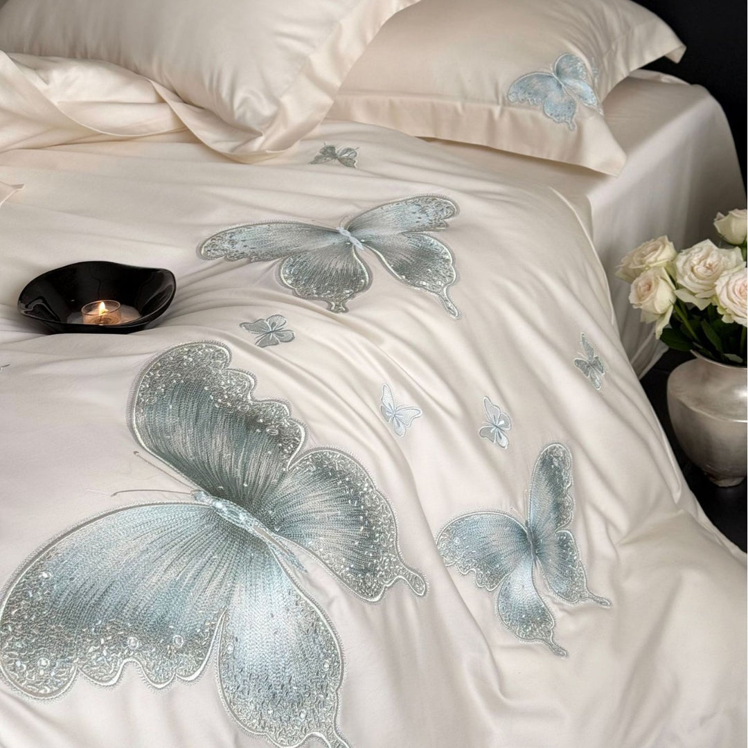 Elegant satin bed linen set with tonal butterfly embroidery