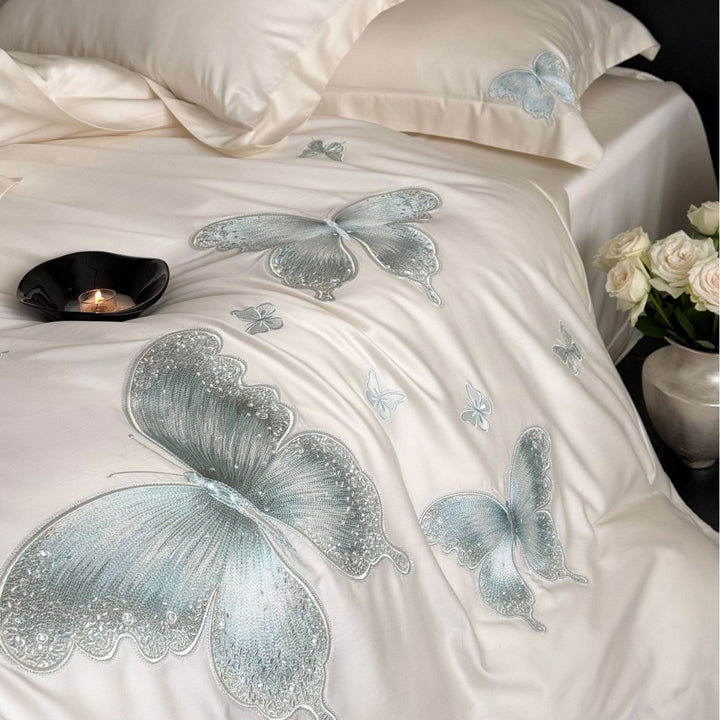 Elegant satin bed linen set with tonal butterfly embroidery