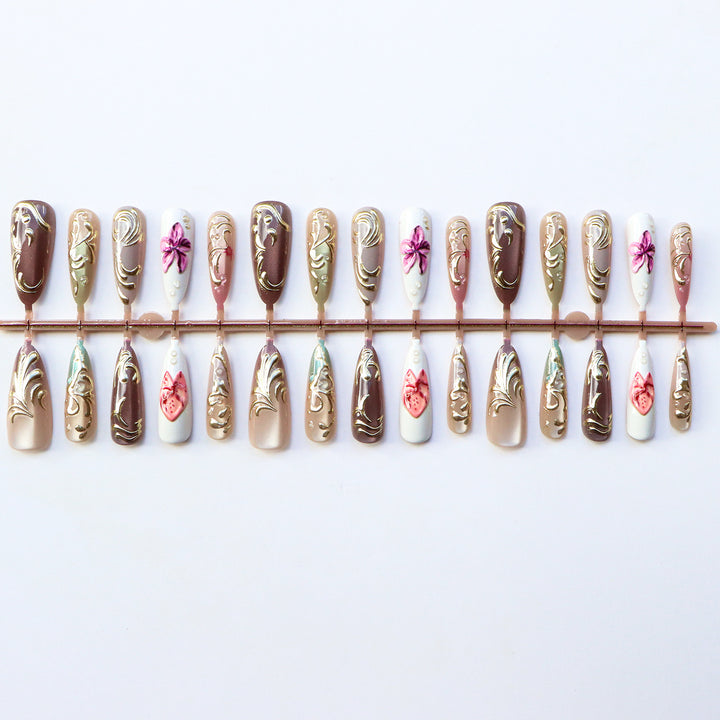 Artistic Press-On Nail Set with Floral Embellishments