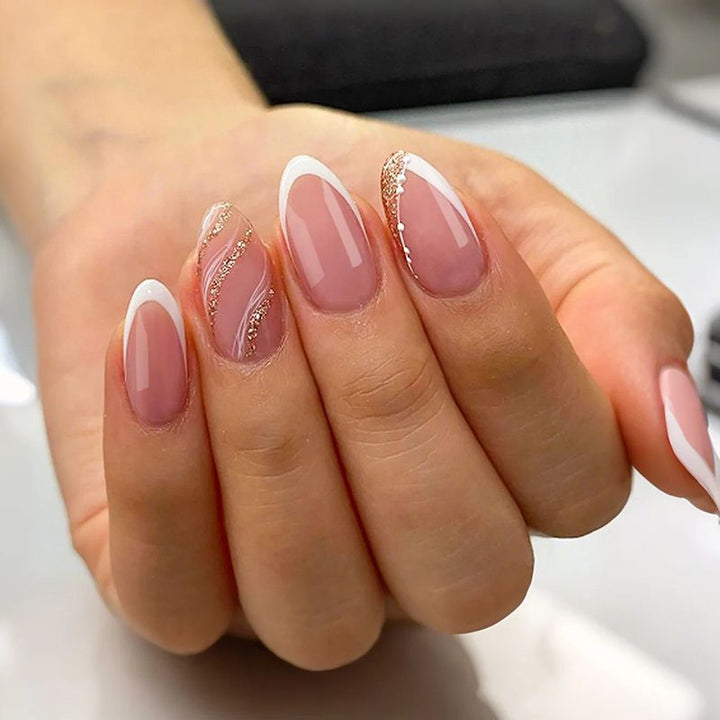 Artificial nails with elegant French tips and glittering accents Kalsten