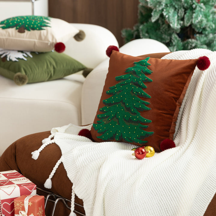 Decorative velvet cushion cover with hand-tufted Christmas tree, pompom corners and bead application Kalsten