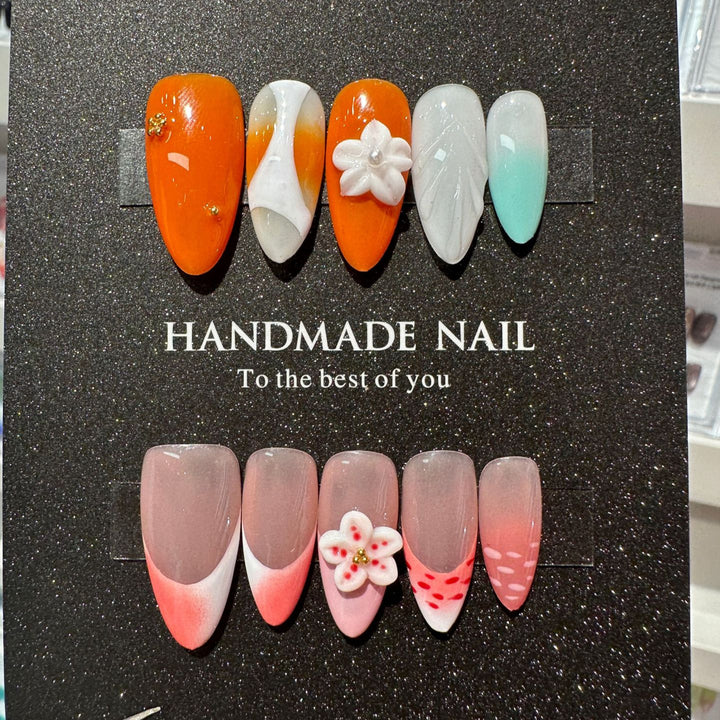 Artistic Press-On Nail Set with Floral and Gradient Accents