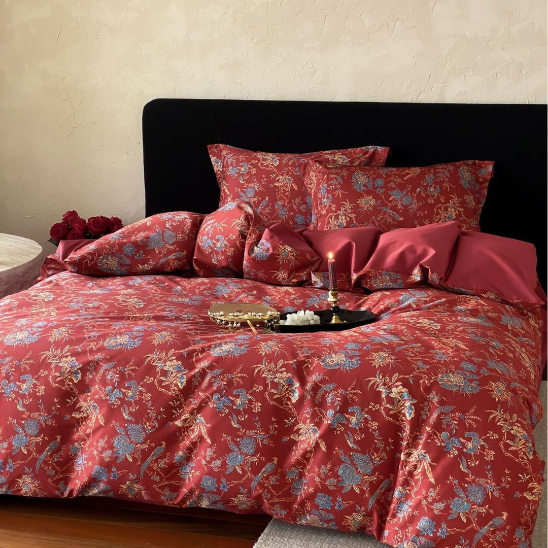 Premium cotton satin bedding set with floral jacquard pattern and reversible pillowcases