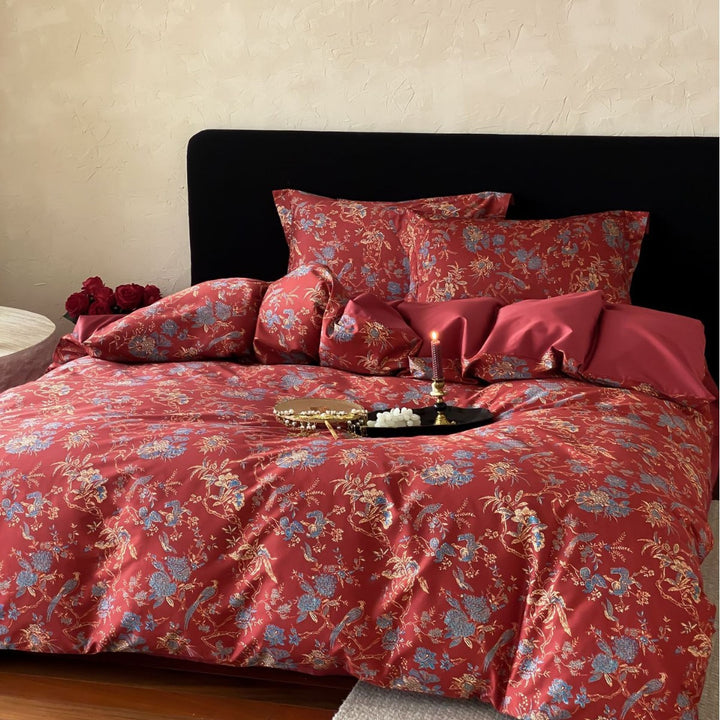 Premium cotton satin bedding set with floral jacquard pattern and reversible pillowcases
