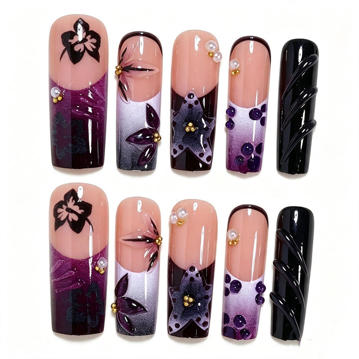Artistic Long Nail Design with Floral Accents Kalsten