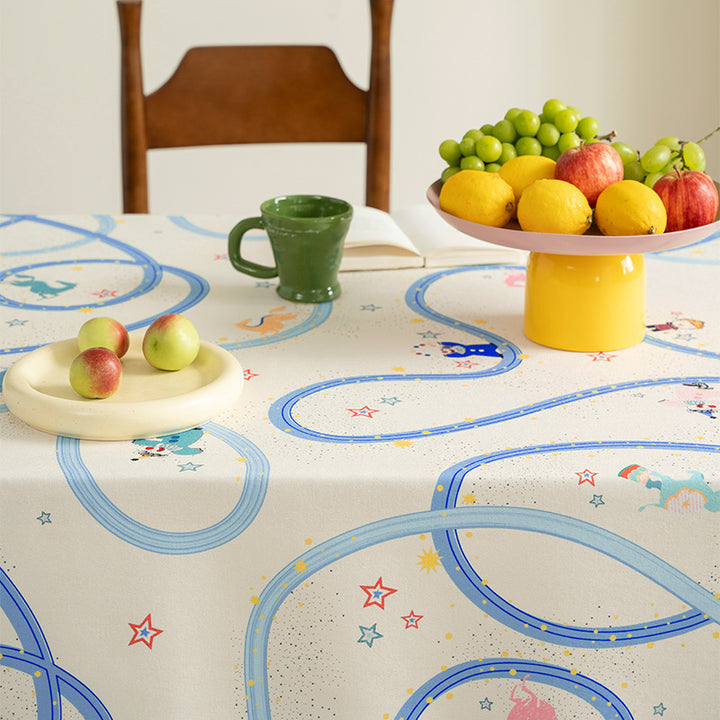 Child-friendly wipeable tablecloth with playful train and animal motif Kalsten