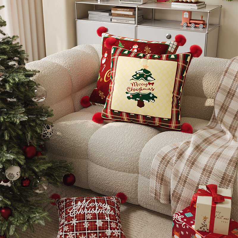 Festive Plaid Pom-Pom Corner Decorative Christmas Throw Pillow Cover