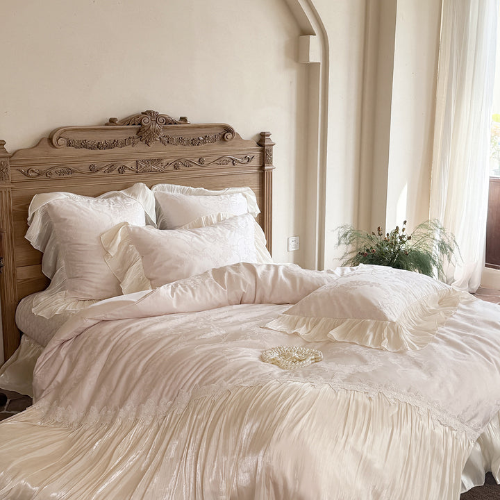 Luxurious satin jacquard bedding set with pleated bed skirt and fine lace trim