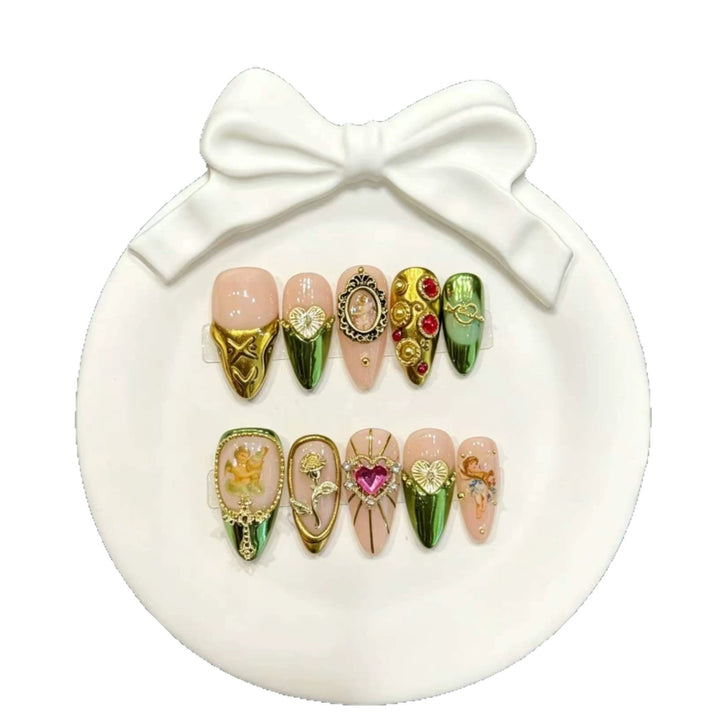 Artistic Press-On Nail Set with Intricate Metallic Accents