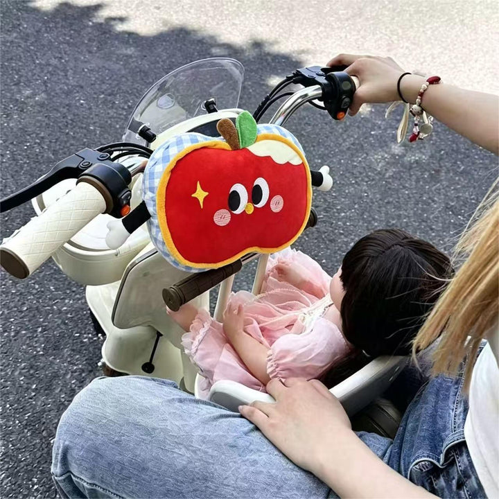 Padded child seat back cushion in apple plush design with side armrests
