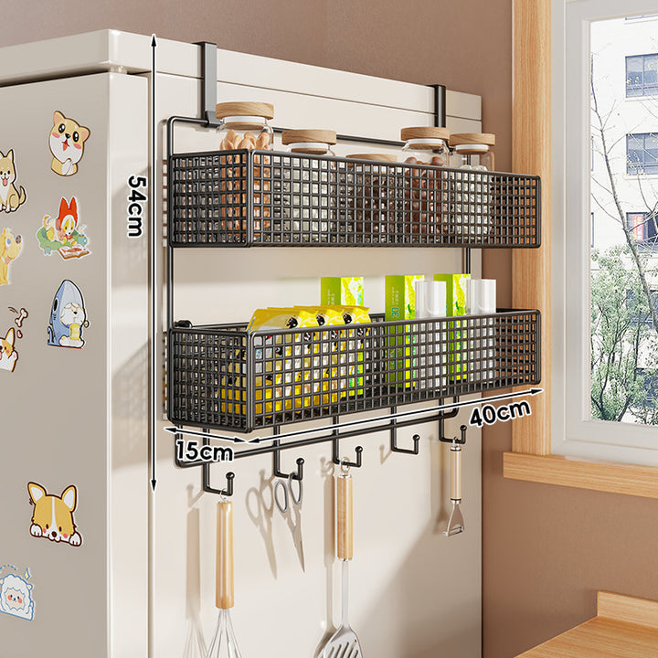 Over-Refrigerator Vertical Hanging Mesh Storage Rack with Deep Baskets and Hook Rail