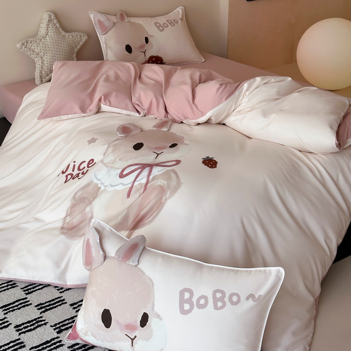 Children's bedding set with cute rabbit illustration and reversible function