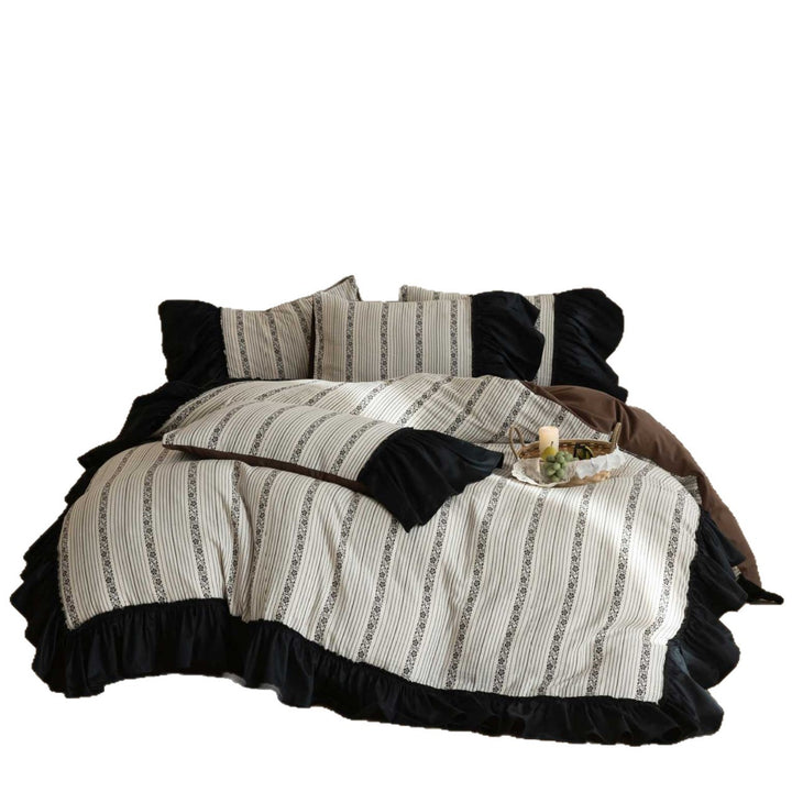 Ruffled duvet cover set with striped jacquard trim and reversible pillow