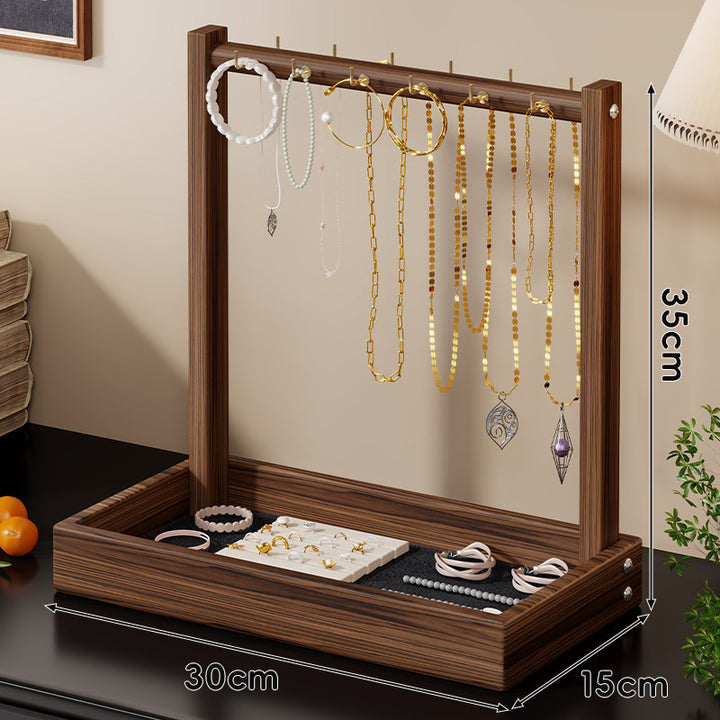 Wooden Jewelry Display and Tray Organizer with Hanging Bar and Ring Slots