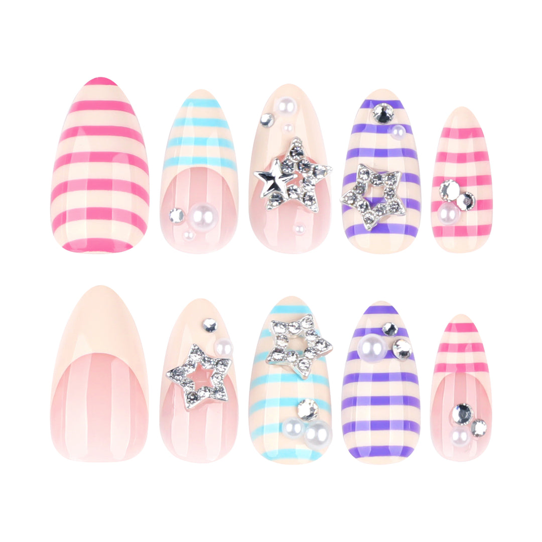 Artistic acrylic stiletto nails with glitter and star embellishments Kalsten