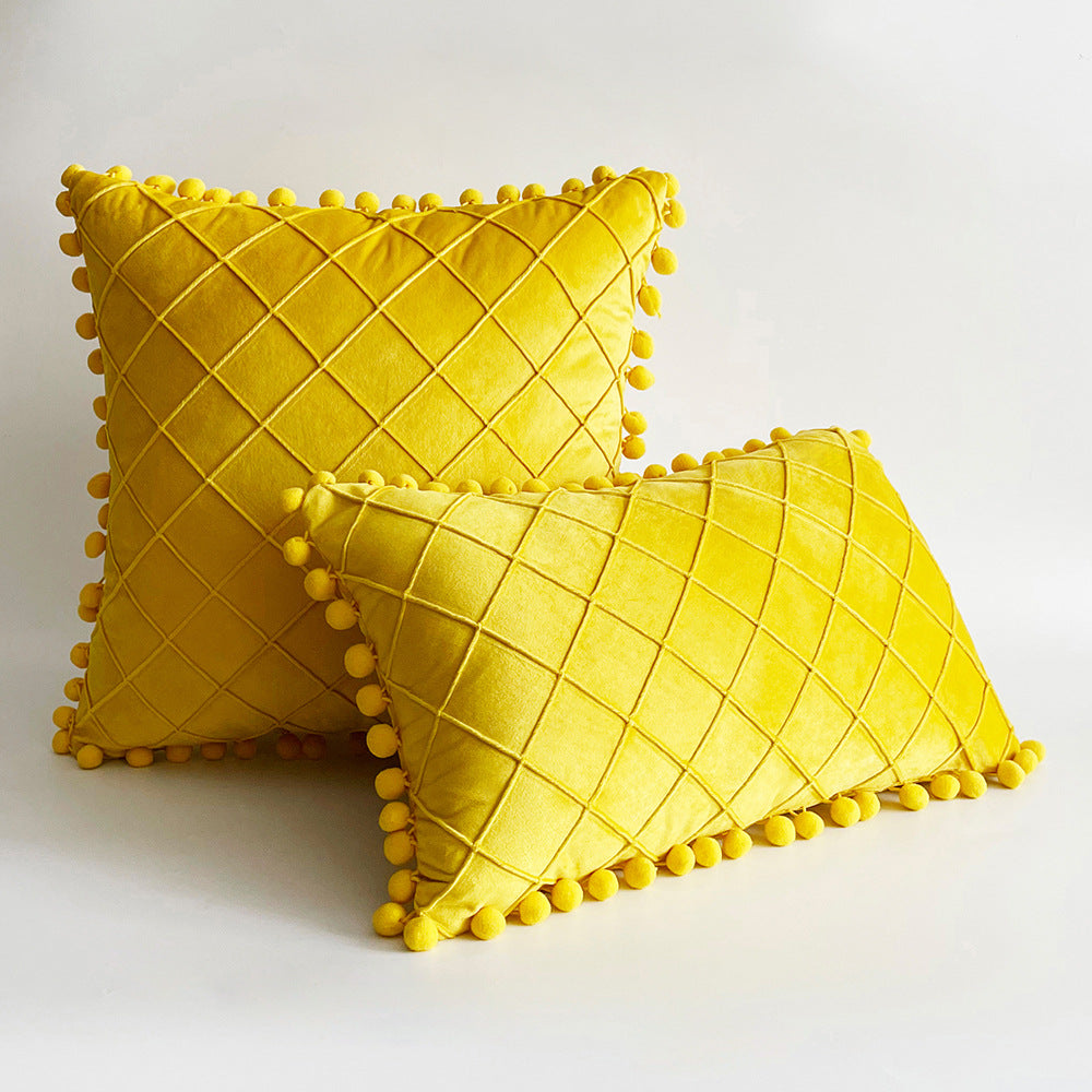 Decorative Velvet Pom-Pom Grid Tufted Throw Pillow Cover