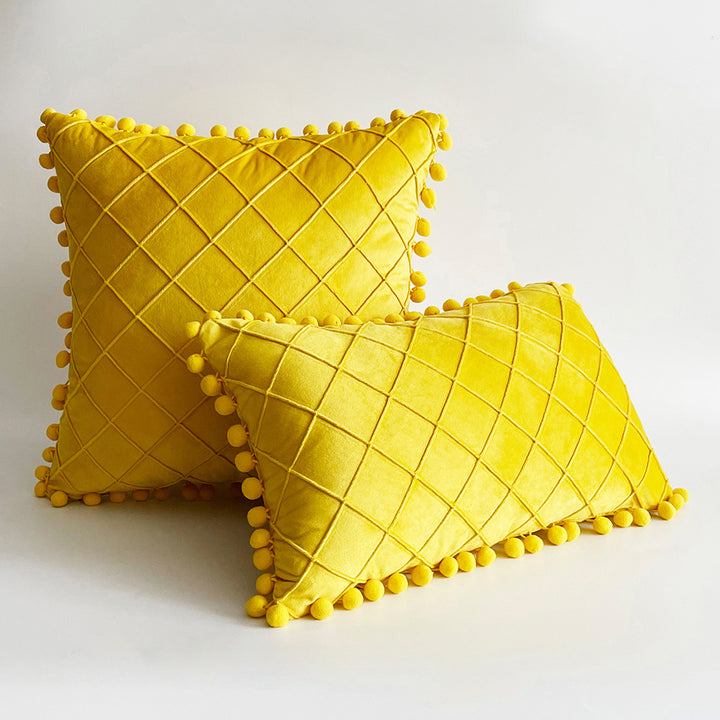 Decorative Velvet Pom-Pom Grid Tufted Throw Pillow Cover